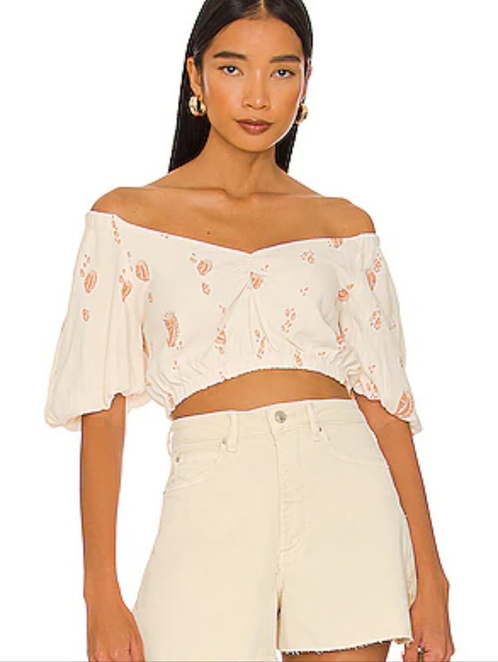 Sancia Mara Top Cerion Shell Print Cropped Puff Sleeves Revolve XS Cream Tan